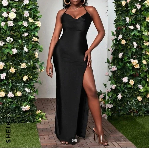 Shein Dresses | Shein Sxy Cowl Neck Split Thigh Criss Cross Tie Backless Maxi Cami Dress | Color: Black | Size: 4 | Rachelderisme's Closet